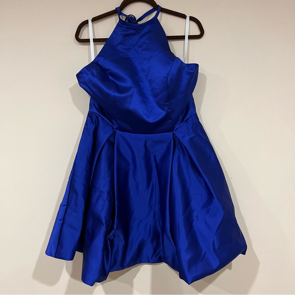 royal blue party dress with halter neckline